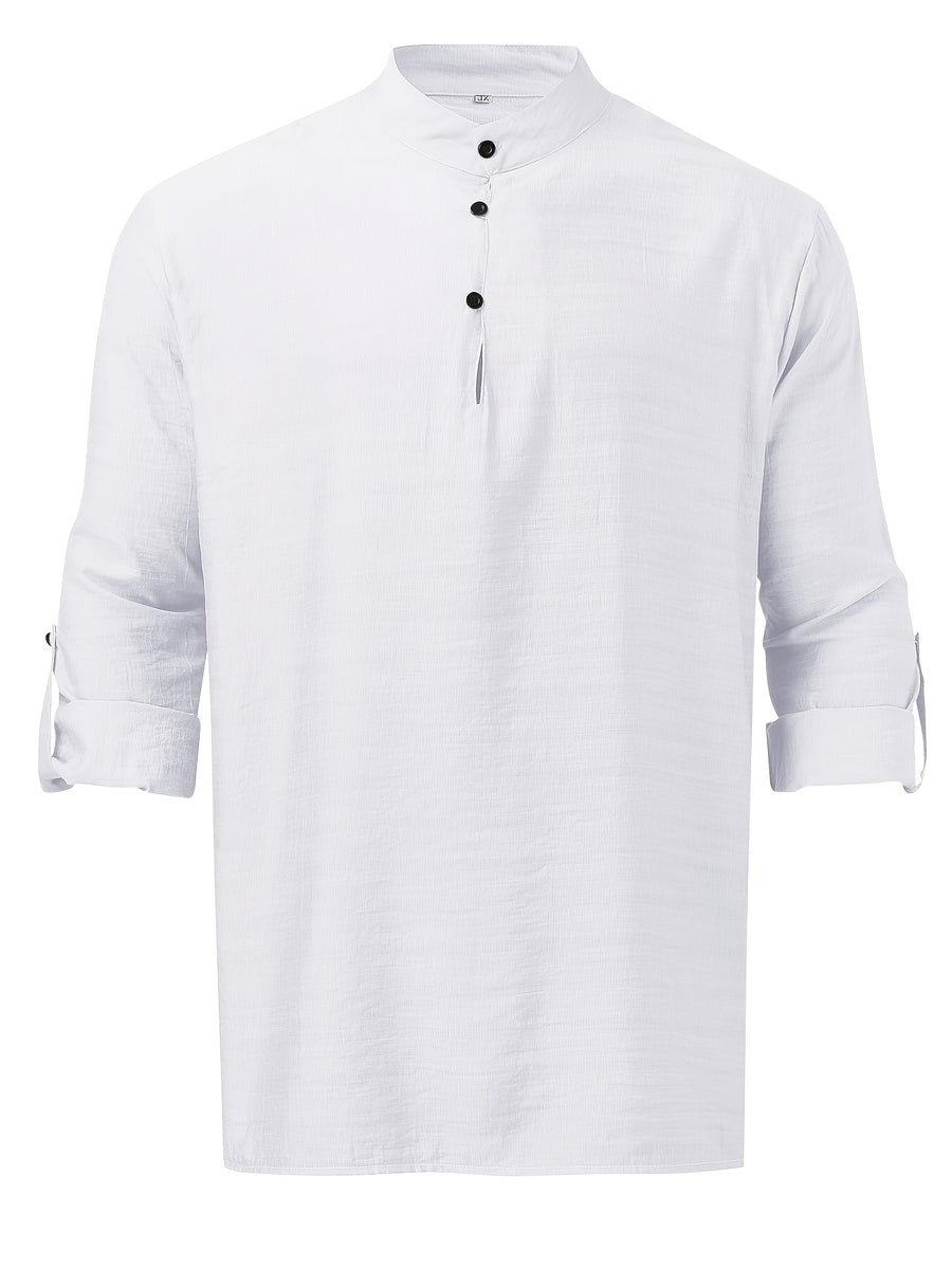 Men'S Fashion New Spring And Autumn Tops Featuring a Stand Collar Henley Shirt, with a Half-Open Single Row of Buttons, Perfect for Outdoor Beach Wear - White