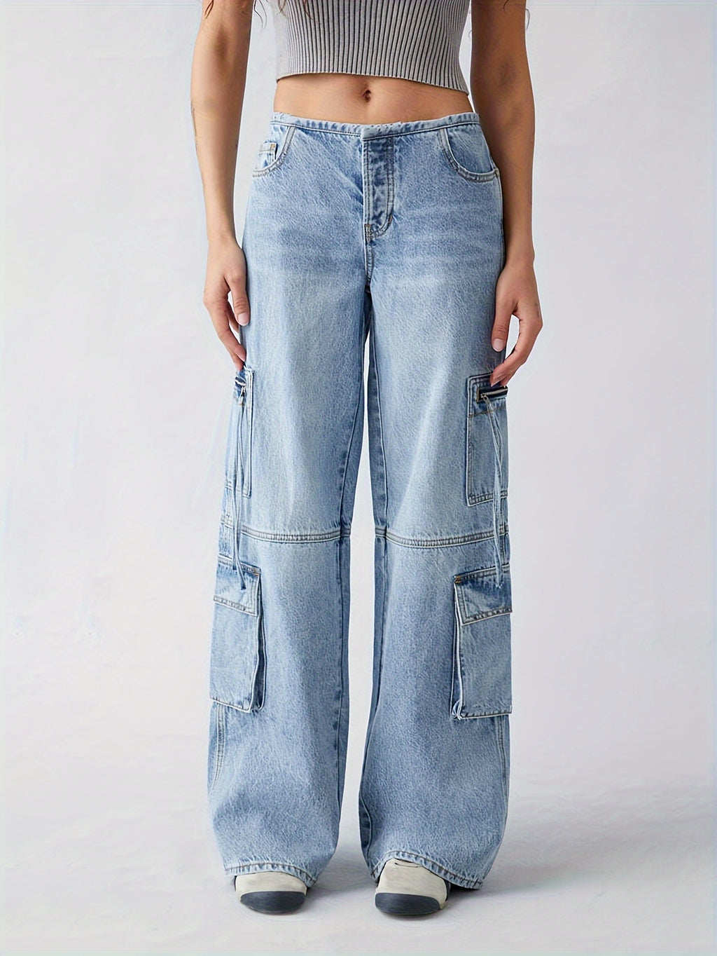 Women Multi Pocket Cargo Wide Leg Jeans, Loose Denim Pants with Strap Detail, Sultry Hot Streetwear Casual Trousers - Blue