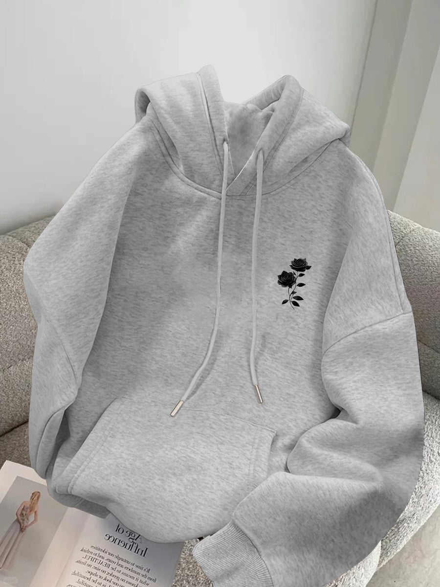 Autumn Winter Men'S Fleece-Lined Hooded Sweatshirt, Double Branch Black Rose Print, Fashionable Casual Wear for Daily, Casual, Gatherings, Parties, Outdoor Sports, Men'S Warm Hooded Top - Light Grey