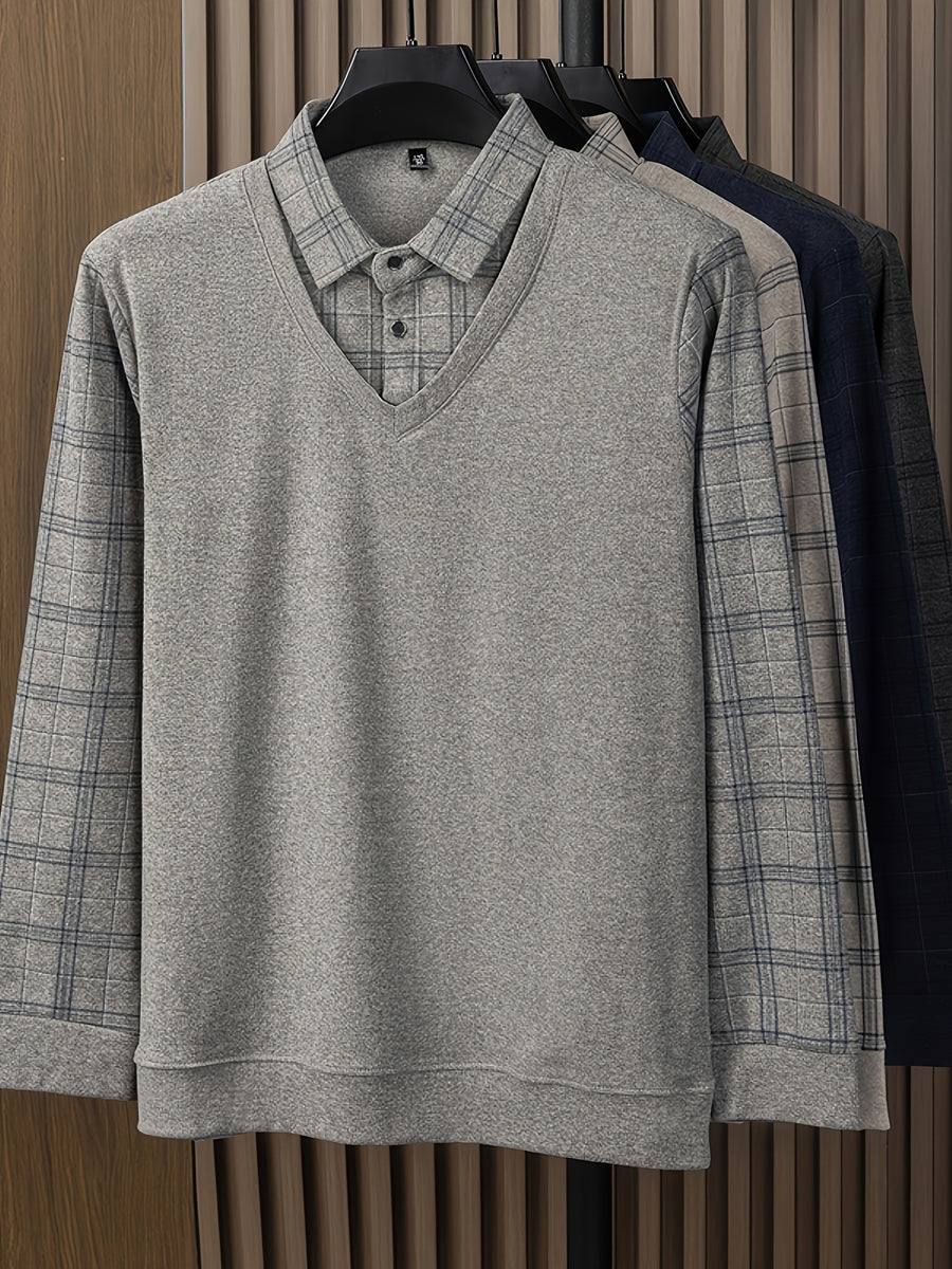 Men's 2-in-1 Look Long Sleeve Polo Shirt, Plaid Shirt Collar Spliced Top, Simple, Elegant, Delicate, and Skin-Friendly, Business Commute, Business Trip, Travel Top, Loose and Casual Men's Clothing for Home and Daily Wear, Available in Multiple Colors - Light Grey