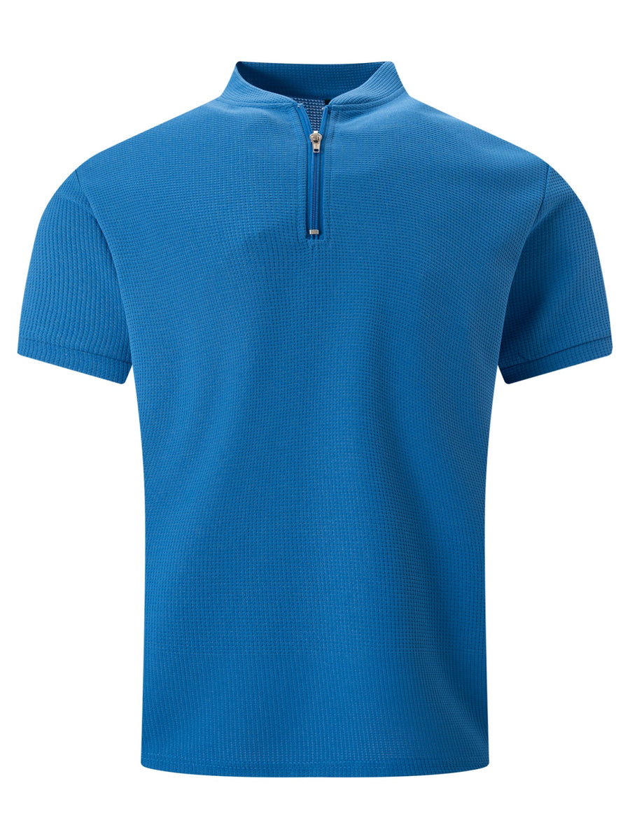 Men'S Waffle Breathable Polo Shirt, Solid Color Stand Collar Half-Zip Short-Sleeve Top, Soft And Comfortable Garment for Outdoor Trips And Daily Wear - Royal Blue