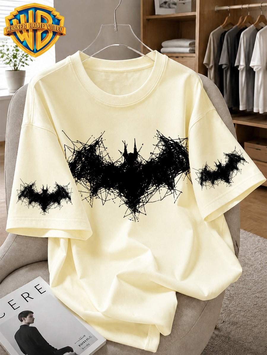 Warner Bros. Officially Licensed Batman Abstract Line Drawing Logo Printed Men's Cotton Short-Sleeved T-Shirt, American Retro Street Style, Soft and Breathable, Suitable for Daily Wear, Streetwear, Fitness, and Outdoor Use - Apricot