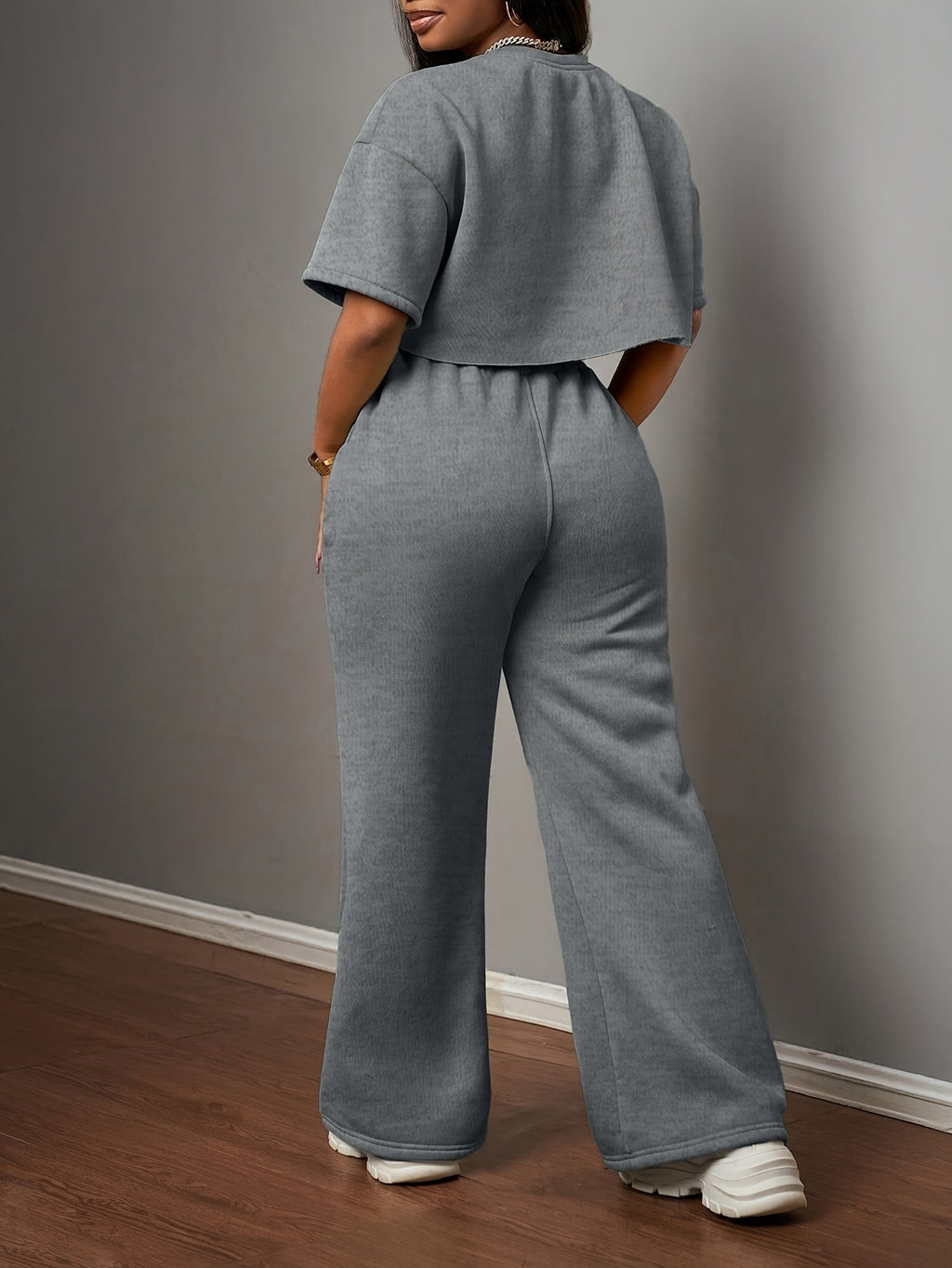 Women's Solid Color Casual Street Style Short Sleeve Crop Top and Drawstring Loose Pants swear Set - Dark Gray
