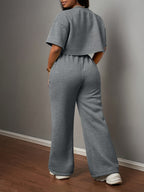 Women's Solid Color Casual Street Style Short Sleeve Crop Top and Drawstring Loose Pants swear Set - Dark Gray
