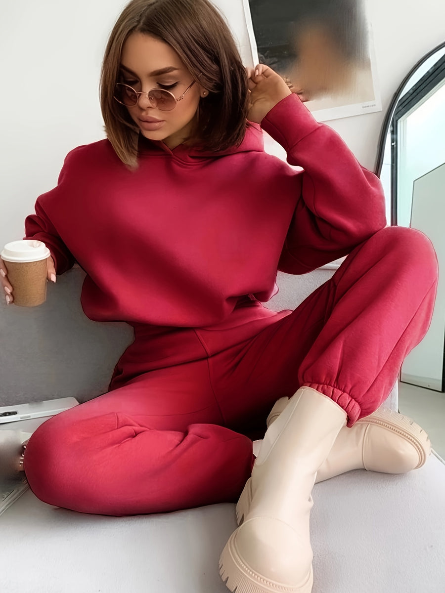 Women's Autumn/Winter New Hooded Sweatshirt Solid Color Set - Burgundy
