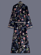 Bohemian Color-Block Small Floral Print Mid-Length Long Sleeve Kimono Cardigan Thin Jacket Women'S Elegant Casual Cover-Up Beach Vacation Resort Shawl Japanese Style Thin Cloak Jacket Hem Slit Pockets Home Bathrobe Belt Bathrobe Cover-Up Robe - Black