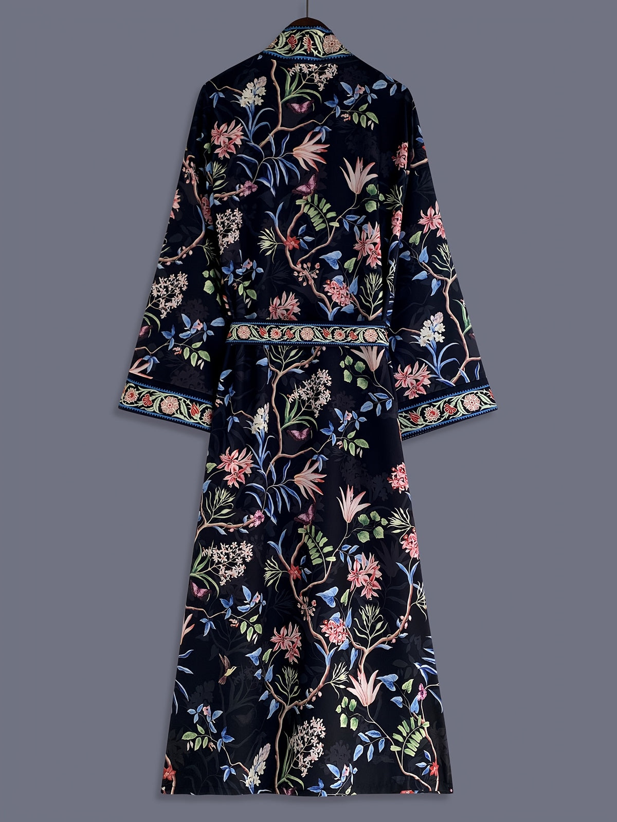 Bohemian Color-Block Small Floral Print Mid-Length Long Sleeve Kimono Cardigan Thin Jacket Women'S Elegant Casual Cover-Up Beach Vacation Resort Shawl Japanese Style Thin Cloak Jacket Hem Slit Pockets Home Bathrobe Belt Bathrobe Cover-Up Robe - Black