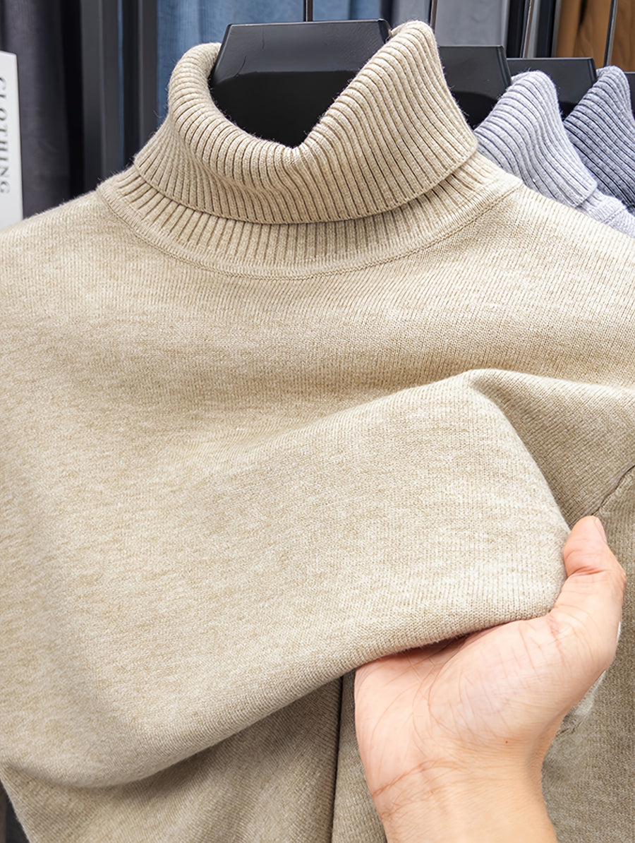 Men'S Autumn Winter Turtleneck Sweater, 10 Colors Available Solid Basic Style Elastic Warm Ribbed Cuff Casual Slim Fit Base Layer Pullover, Knit - Khaki