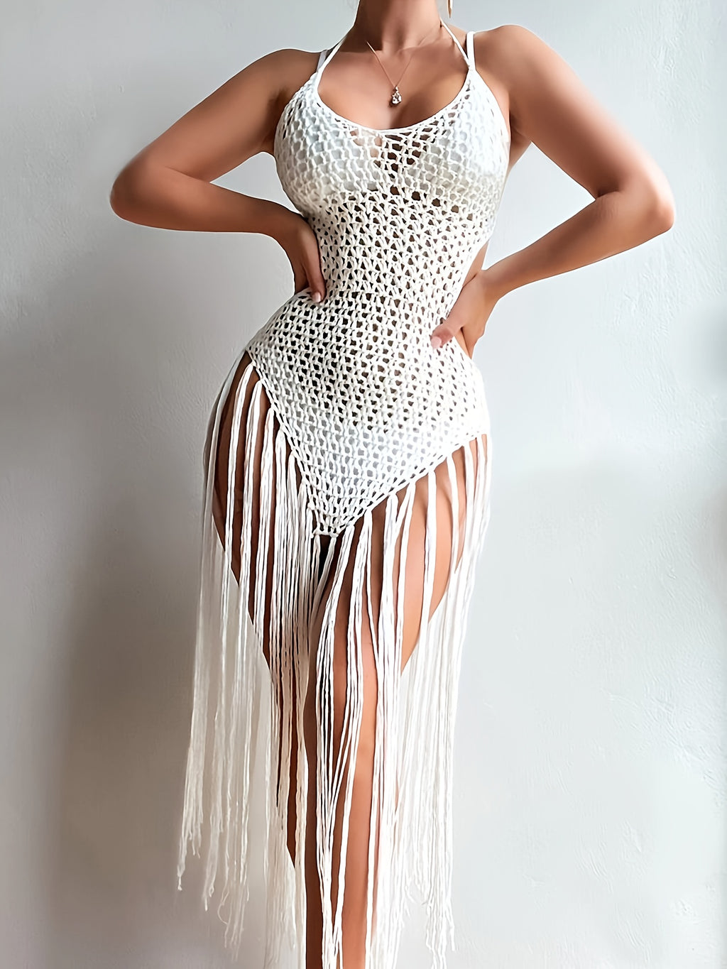 Neckline Dress with Mesh Cutouts, Crochet Hanging Tassel Design, Cutout Camisole Dress, Cutout Dress - Off White