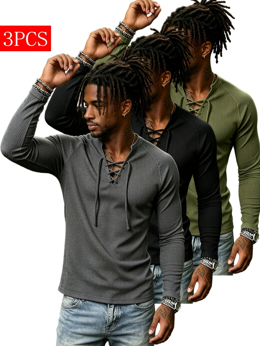 3pcs Men's Vintage Ribbed Knit Henley Long Sleeve Shirt - V-Neck Tie-Back Design, Slim Fit for a Slimming Look, American Tough Guy Style Raglan Sleeve T-Shirt, Versatile Base Layer for Autumn/Winter Fitness, Sports, and Streetwear - Gray+black+green