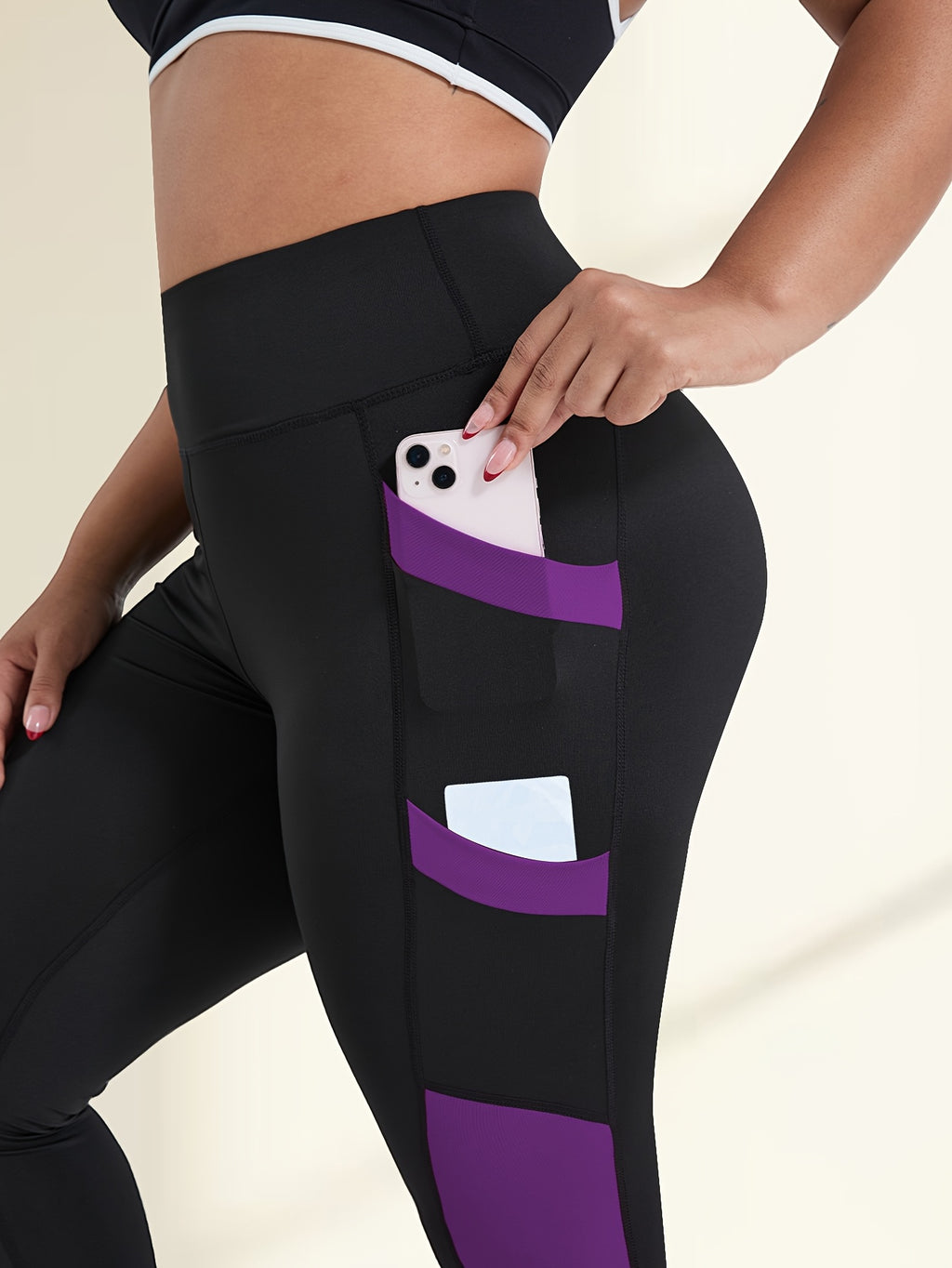 Plus Size Women's High-Waisted Yoga Pants Tummy Control Workout Leggings with 4 Side Pockets Color-blocking Design,for Running, Fitness Casual & Sports Wear - Deep Purple