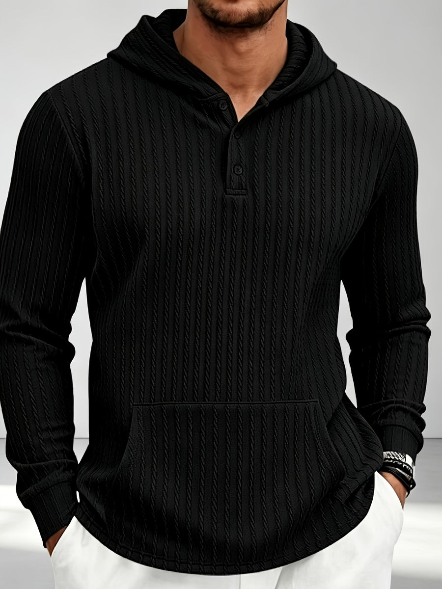 New Men'S Textured Jacquard Hooded Sweatshirt, Henley Button-Front Pouch Kangaroo Pocket Loose Stretch Long Sleeve Casual Top - Black