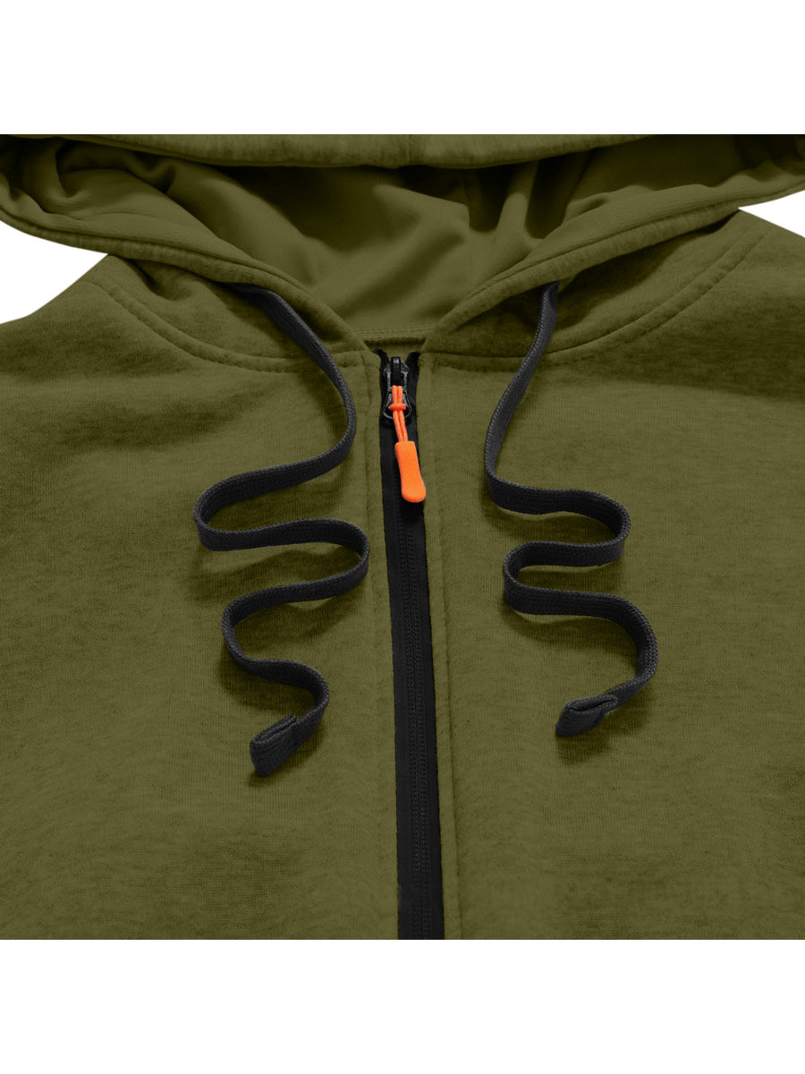 Men's Full-Zip Hooded Jacket with Mountain Print & Arm Zipper Pocket - Oversized Loose Fit Winter Coat, Hooded Streetwear Outerwear Suitable for, Urban Style, Machine Washable Warm Jacket - Olive Green