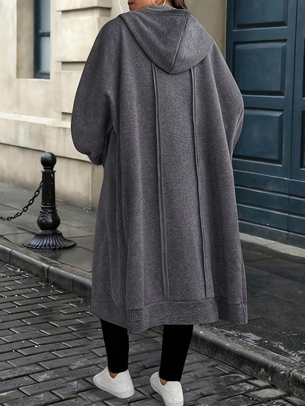 Plus Size - Fall/Winter Long Hooded Trench Coat | Elegant Solid Color With Medium Stretch Fabric And Zipper Detail - Dark Gray