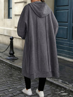 Plus Size - Fall/Winter Long Hooded Trench Coat | Elegant Solid Color With Medium Stretch Fabric And Zipper Detail - Dark Gray