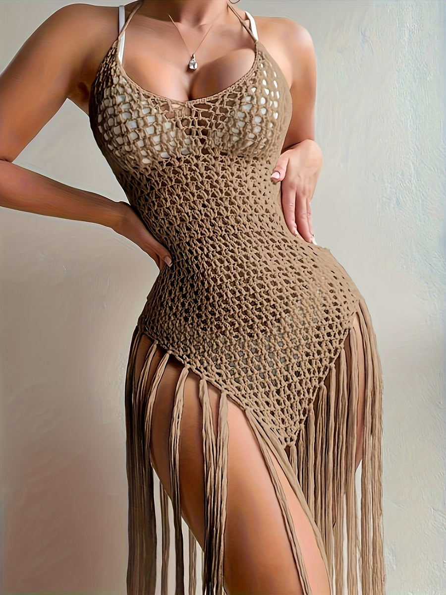 Neckline Dress with Mesh Cutouts, Crochet Hanging Tassel Design, Cutout Camisole Dress, Cutout Dress - Khaki