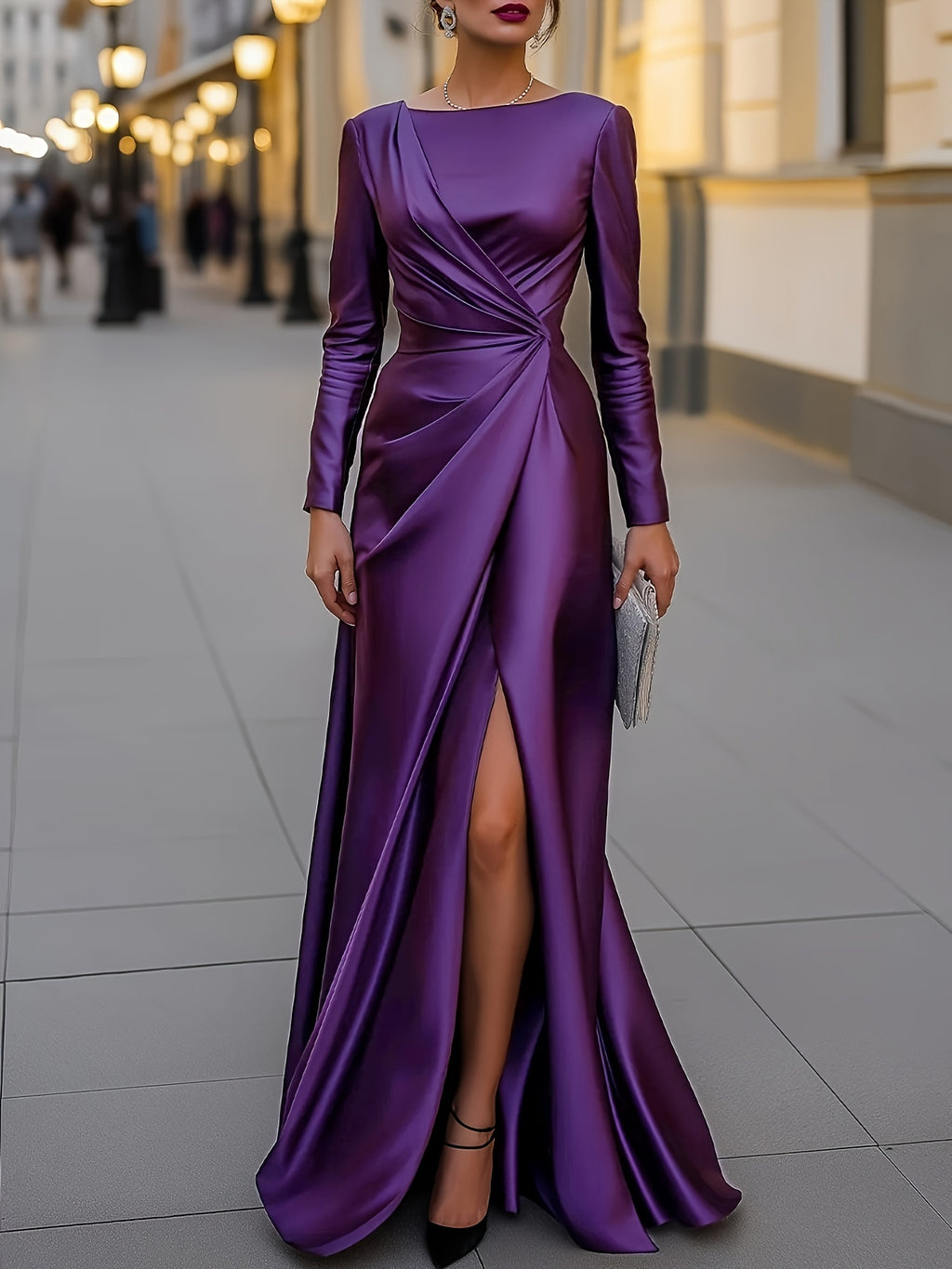 Elegant Women'S Dress Satin Asymmetrical Slit Pleated Evening Gown, Suitable for Dinner Parties, Red Carpet Events, Or Formal Banquets - Purple