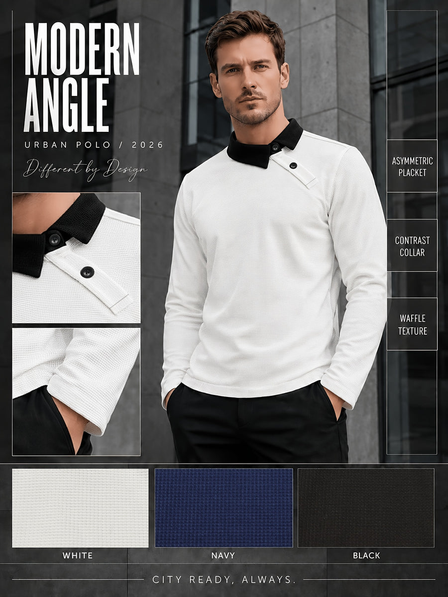 Pearson OBM Christmas Holiday Event, 1pc Adult Men's Multi-Color Fine Waffle Knit Long-Sleeve Lapel Top with Contrast Collar, Dual Black Buttons, and Asymmetrical Slanted Placket Design, Vintage Street-Style Light Luxury Look, Comfortable Fit - White