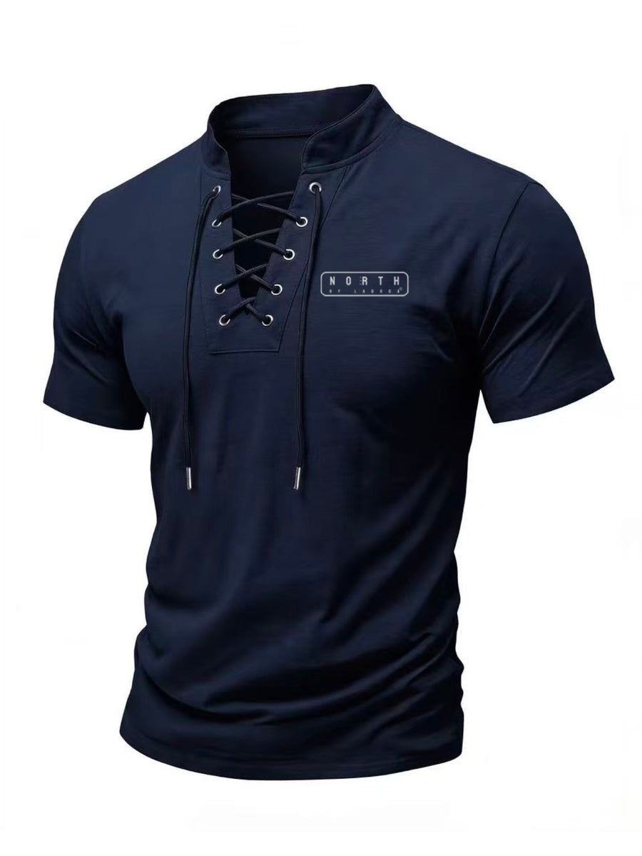 Men's Summer Tie-Strap Stand Collar Short-Sleeve T-Shirt, Featuring a Solid Color Design to Break the Monotony of Outfits. Made from Skin-friendly, Breathable, and Comfortable Fabric, with a Clean-cut Silhouette That Accentuates Your Figure - Navy Color