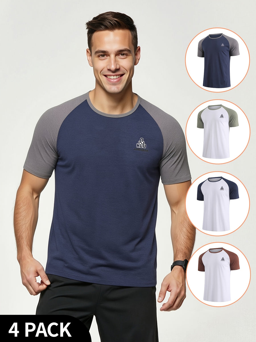 4pcs Men's Breathable Short Sleeve T-Shirts - Summer Round Neck Athletic Shirts with Collar Seams Suitable for Running, Gym, Casual Wear | Non- Non- Fabric, Hand Washable, Regular Fit for Outdoor Sports & Daily Use - Brave Shoulder Blue + White