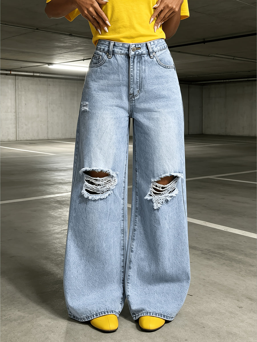 Light Blue Fashionable Ripped Denim Women's Wide-leg Pants; Versatile, Comfortable, Street Style - Sea Blue
