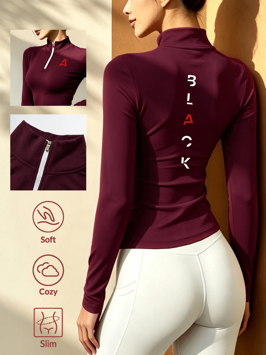 Stand-up Collar Half-zip Long-sleeve T-shirt, Autumn/winter Warm Half-high Neck Base Layer Top - Burgundy