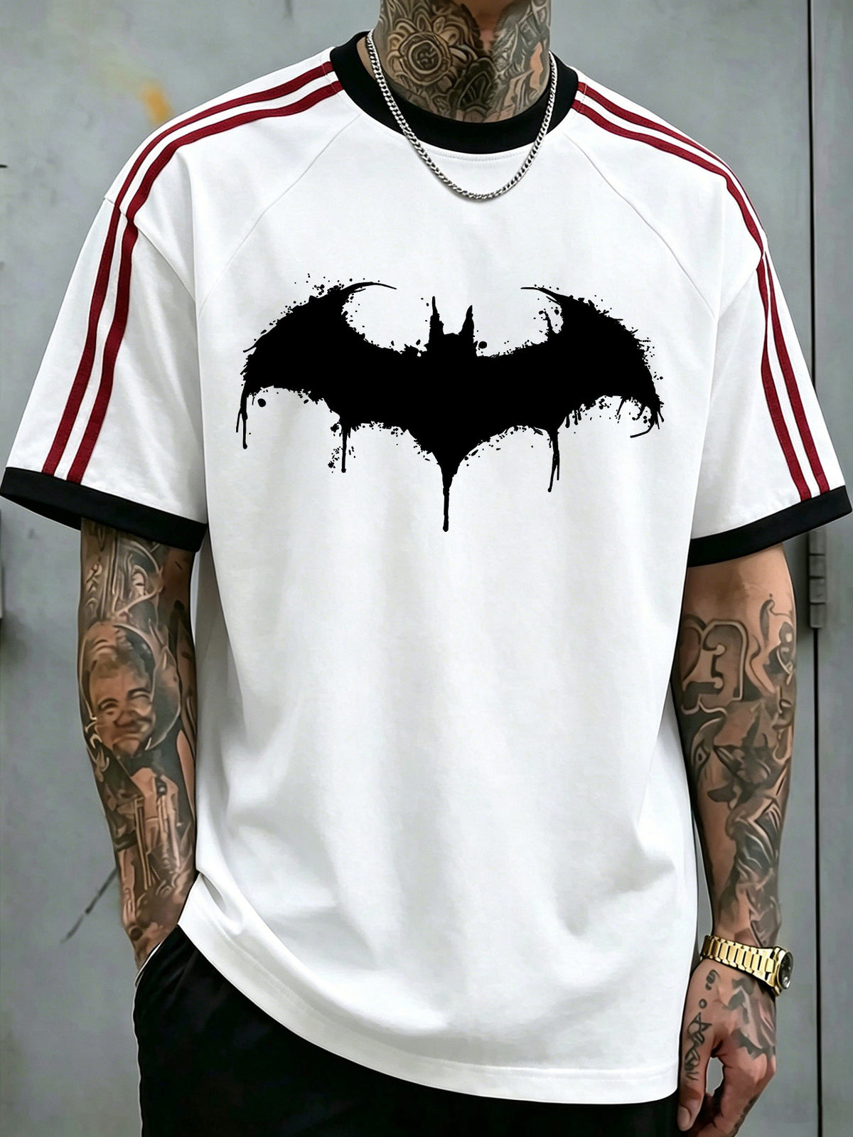 Warner Bros. Official Batman Bat Symbol Print Short Sleeve T-Shirt, American Style Color-Block Ribbed Round Neck 100% Top, Men'S 100% Multi-Functional Sports Casual Style Summer Short Sleeve T-Shirt, Suitable for Outdoor Wear, Gym - White