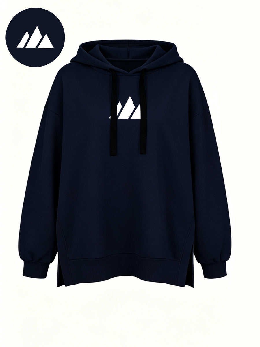 Women'S Fashion Hooded Sweatshirt for Autumn And Winter - Pattern Print Design, Side Slit Detail, Pullover Hoodie - Navy Color