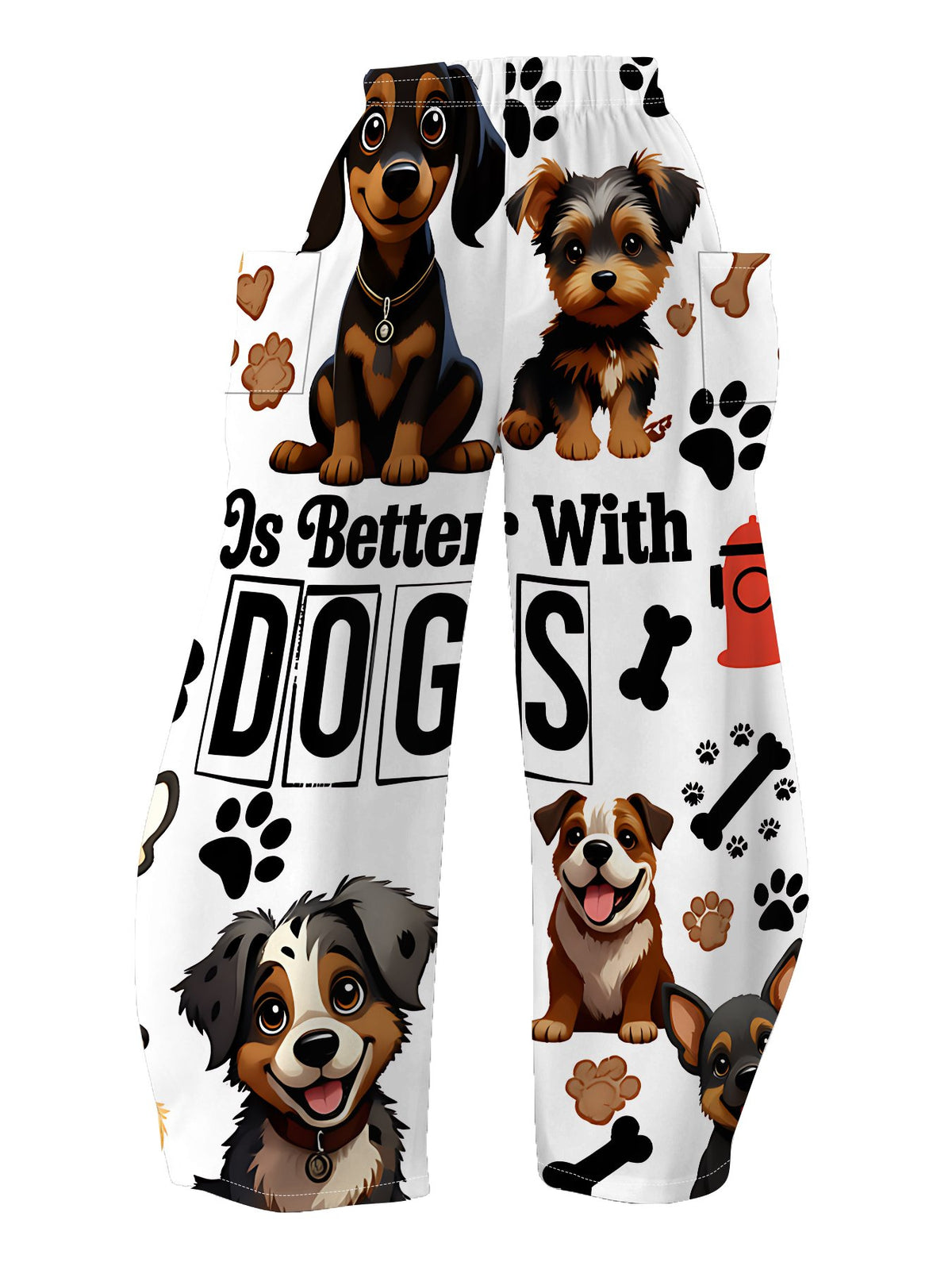 Women's Standard Size Comfortable& Breathable Wide-Leg Pants, White Base with Cute Cartoon Dog Print, Adorable Pet Paw& Bone Patterns, Elastic Waist, Loose&, Pocketed, Draped Casual Long Trousers - Mixed colors