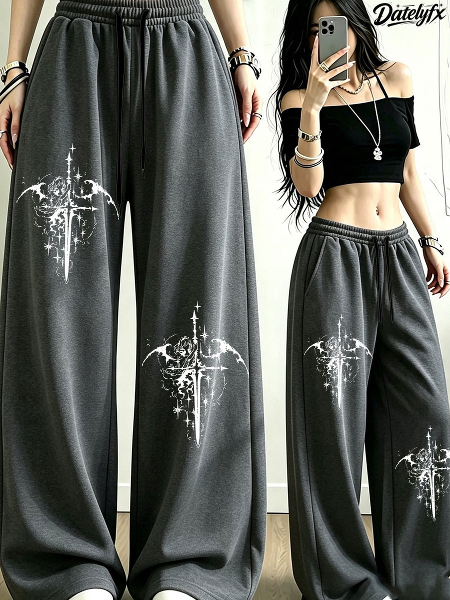 Women'S All-Season Long Pants, Back-To- Trendy Playful Dark Cross Angel Swordsman Fashion Pattern Element Themed Print Casual Trousers, Elastic Waist Drawstring Design, Daily Commute/Campus/Casual Outing Versatile Style - Dark Gray