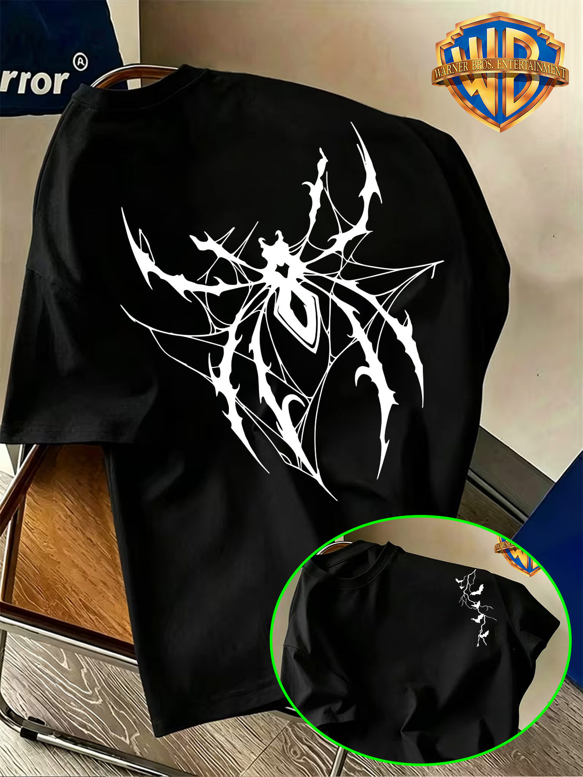 Warner Bros. Authentic Niche Non-Repeating Short-Sleeve Top with Dark Thorn Spider LOGO Print, Suitable for Various Summer Styling, Perfect - Black