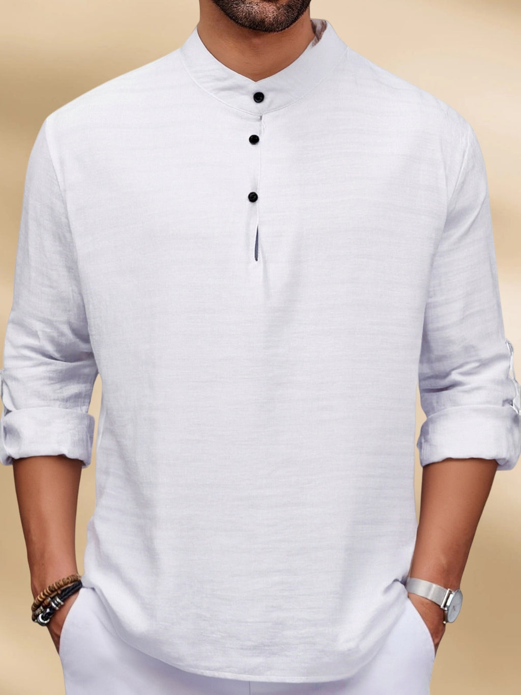Men'S Fashion New Spring And Autumn Tops Featuring a Stand Collar Henley Shirt, with a Half-Open Single Row of Buttons, Perfect for Outdoor Beach Wear - White