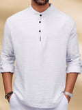 Men'S Fashion New Spring And Autumn Tops Featuring a Stand Collar Henley Shirt, with a Half-Open Single Row of Buttons, Perfect for Outdoor Beach Wear - White