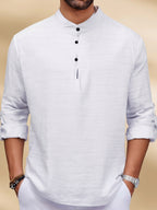 Men'S Fashion New Spring And Autumn Tops Featuring a Stand Collar Henley Shirt, with a Half-Open Single Row of Buttons, Perfect for Outdoor Beach Wear - White