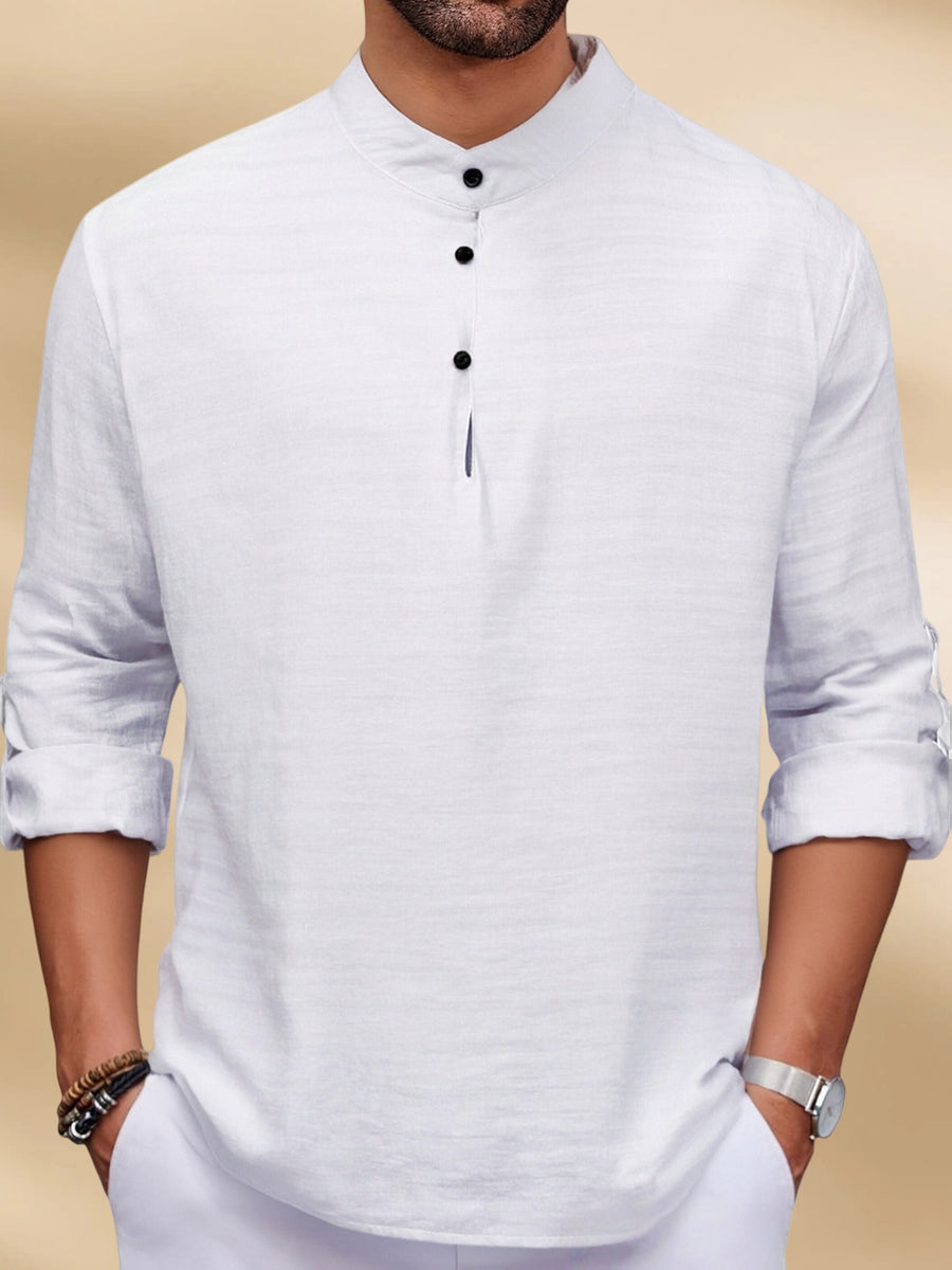 Men'S Fashion New Spring And Autumn Tops Featuring a Stand Collar Henley Shirt, with a Half-Open Single Row of Buttons, Perfect for Outdoor Beach Wear - White