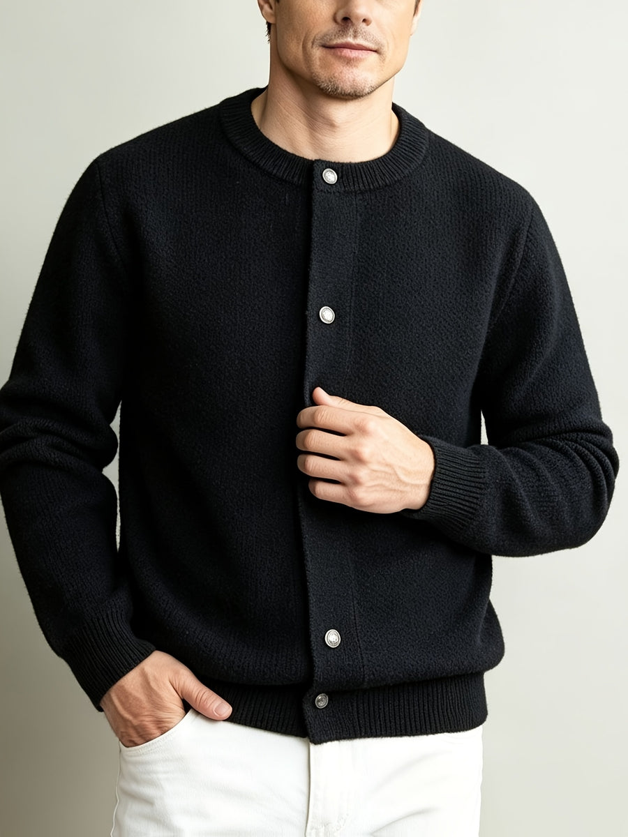 Men'S Italian Casual Gentleman Windproof Solid Round Neck Knit Cardigan Top, Heavy Fabric Warm Non-Constricting Ribbed Hem Windproof Fitted, Suitable for Coffee Dates Art Exhibitions City Strolls Mall Shopping Holiday Leisure Commute Outerwear Top - Black