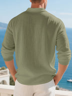 Men'S Linen Polo Shirt, Long Sleeve Casual Button-Up Top Made of Soft Natural Linen Fabric, Breathable Lightweight Construction with Relaxed Fit, Ideal Summer Clothing for Beach Vacations, Tropical Travel, Business Casual, And Leisure Style - Tactical Green