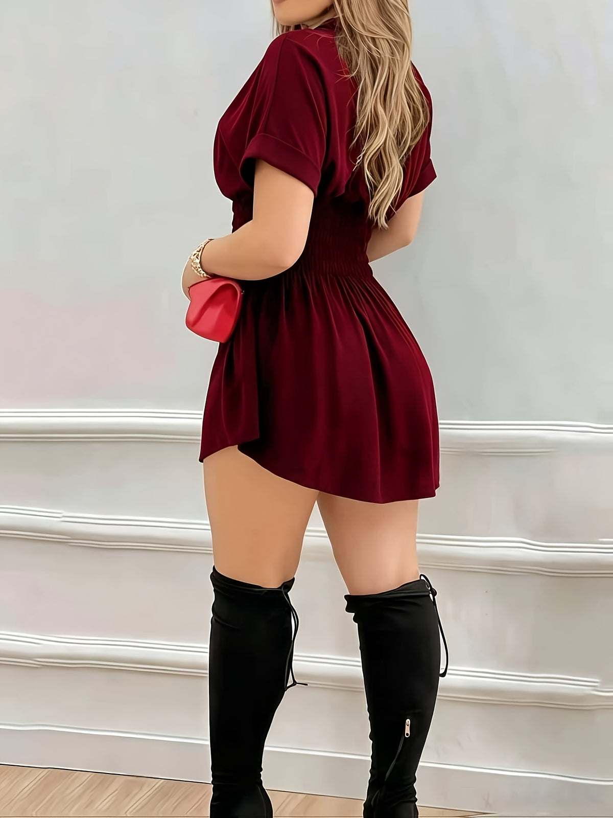 Women's Fashionable Pure-colored Pleated Short-sleeved Shirt Dress - Burgundy