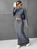 Spring and Autumn Solid Color Half Skirt Long Sleeve Top, Fashionable 2pcs Set for Women - Dark Gray