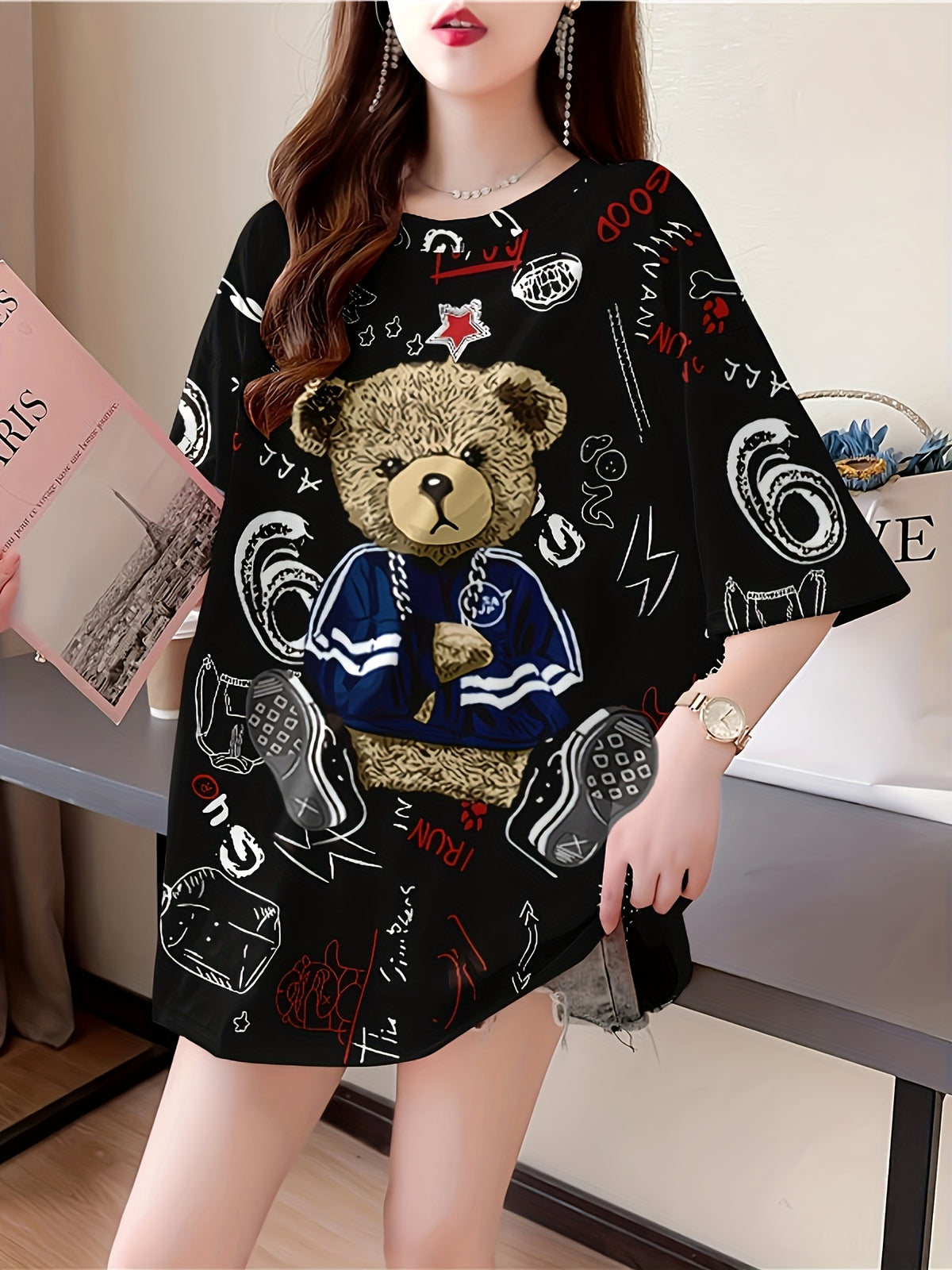 Summer New Large Size Loose Fashion Trend Slim Cartoon Round Neck Print Ladies Women'S Medium And Long Short-Sleeved T-Shirt Clothes - Black