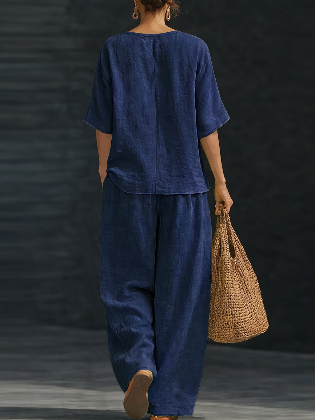 Women's Summer Casual 2pcs Set: Loose V-Neck Top + Wide-Leg Pants - Navy Color