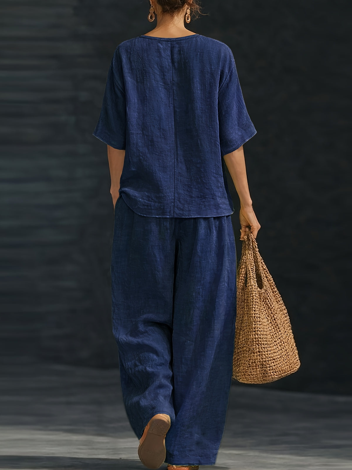 Women's Summer Casual 2pcs Set: Loose V-Neck Top + Wide-Leg Pants - Navy Color