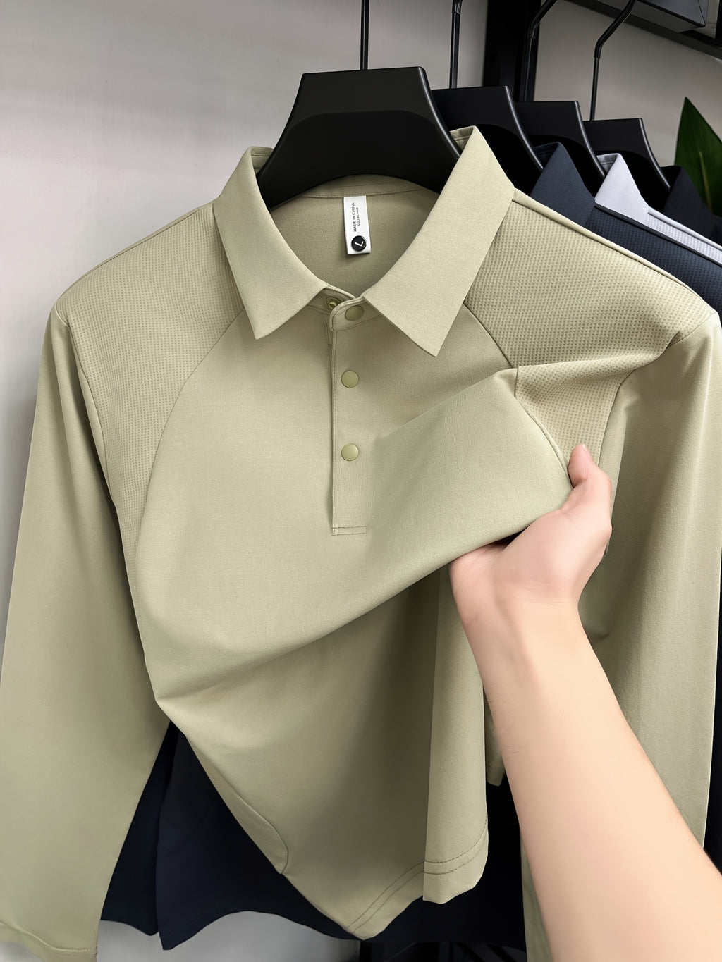 [Saa Xing OBM] 1pc Spring/Autumn New Men'S Polo Shirt, Old Money Style Textured Solid Color Half-Button Collar Single-Button Polo Neck Long Sleeve Men'S Fashion Versatile Pullover Base Layer Top, Suitable for Spring, Autumn, Wear - Khaki 1