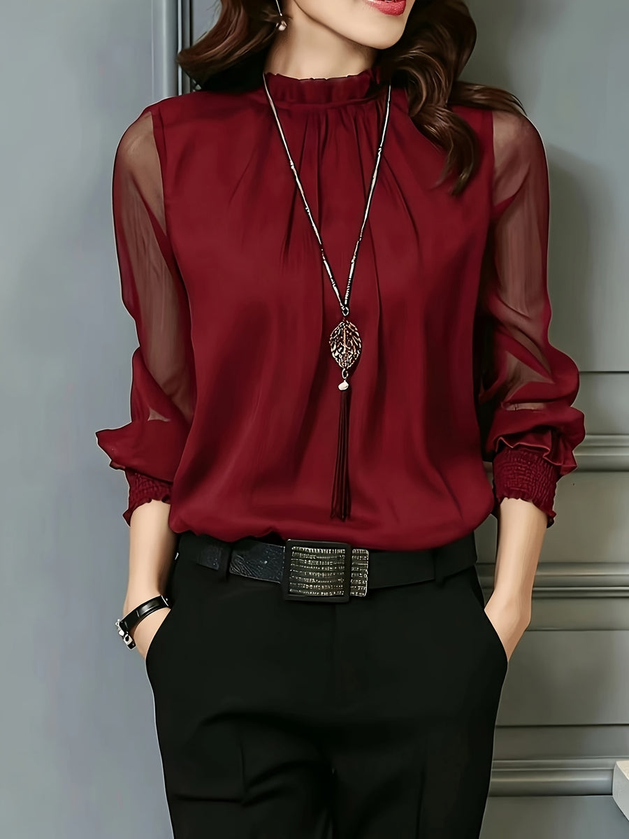 Women's Elegant Office and Daily Shirt - Stand Collar Long Sleeve Non-Sheer Professional Top, All-Season Machine Washable Formal Casual Style Q305 - Burgundy