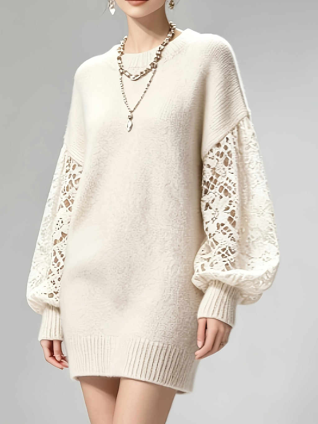 Women' Lace Patchwork Sweater Dress - Soft Hollow-Out Midi Dress with Round Neck & Lantern Sleeves, Bodycon Suitable for Fall/Winter Dates, -Compatible for Body Types (No Chest Padding, Beltless) - Off-white