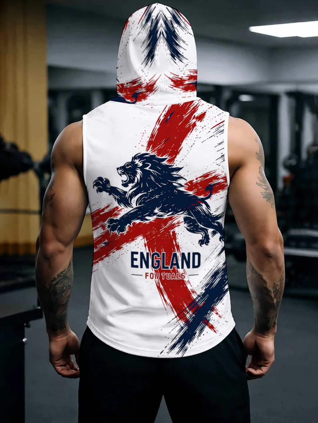 England Themed Hooded Sleeveless Top Breathable Sports Fitness Pullover Trendy Printed Casual Daily Wear Comfortable Loose Fit Apparel for Men's Active Lifestyle - Mixed colors