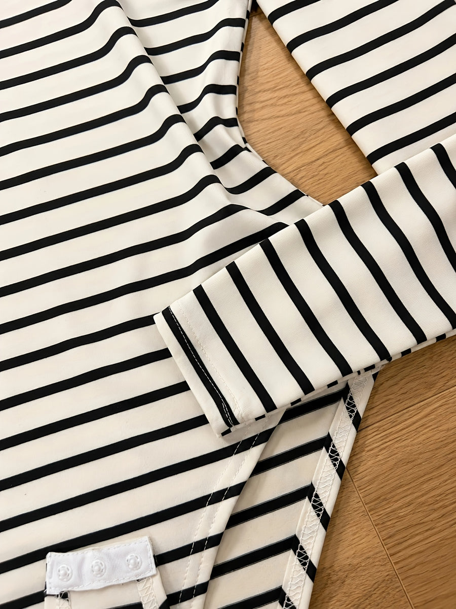 Autumn/Winter French-Style Off-the-Shoulder Striped Long-Sleeve Bodysuit for Women, Off-Shoulder Inner Wear, Figure-Hugging Ribbed Base Layer Top, Without Bra Padding - Stripe
