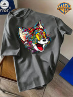 Cartoon Pattern Print T-Shirt, Round Neck Design, Pure Short Sleeve Street Casual Wear. Easy And Comfortable, Versatile Summer Short Sleeve T-Shirt, Suitable for Men'S Outdoor Activities, Gym Studio, Office Daily Wear - Dark Gray