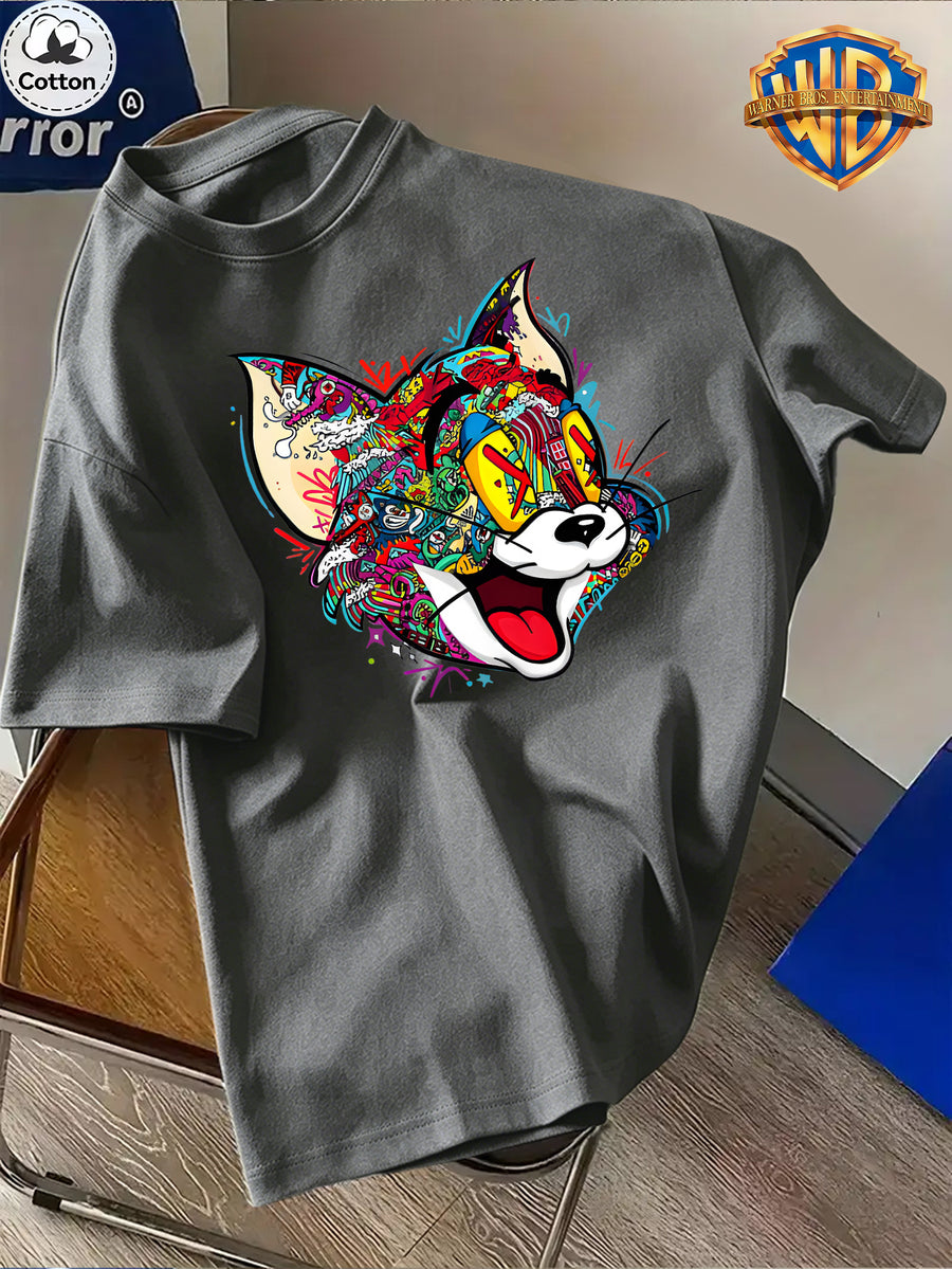 Cartoon Pattern Print T-Shirt, Round Neck Design, Pure Short Sleeve Street Casual Wear. Easy And Comfortable, Versatile Summer Short Sleeve T-Shirt, Suitable for Men'S Outdoor Activities, Gym Studio, Office Daily Wear - Dark Gray