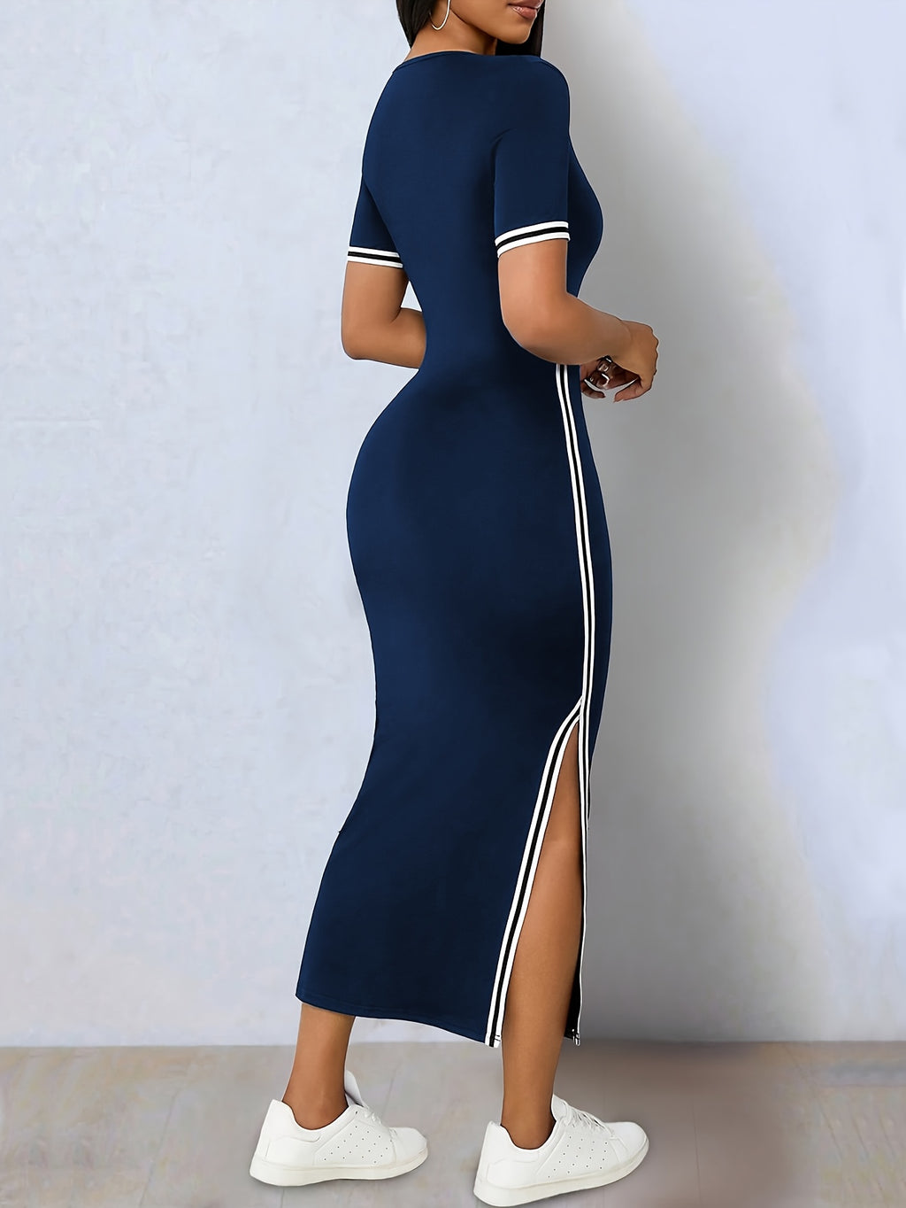 Elegant Color-blocked Stretch Bodycon Asymmetrical Hem Slit V-neck Short Sleeve Dress - Navy Color